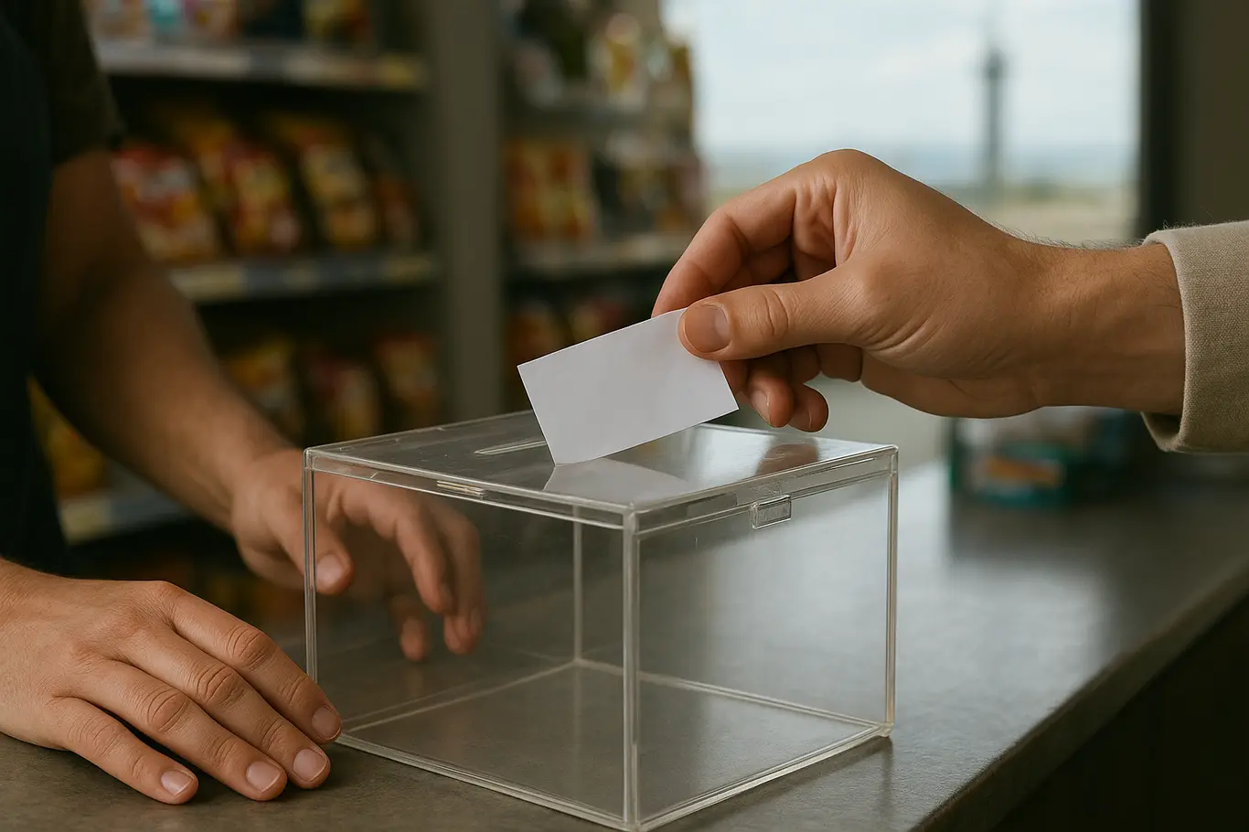 Mãos depositando cupom em urna acrílica no balcão de conveniência, fundo desfocado com Torre de TV.