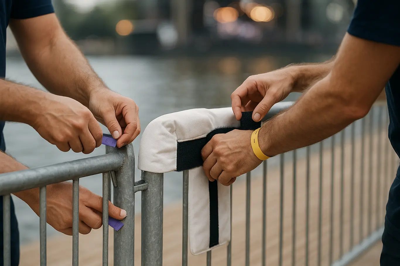 Detalhe de mãos ajustando pulseiras infantis e proteção acolchoada em grade da arena no Lago Paranoá