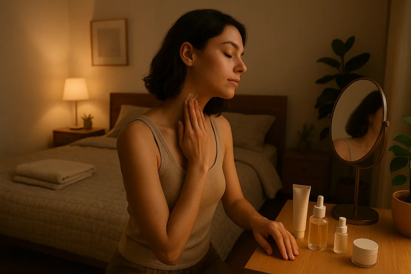 Visão ampla do quarto à noite mostrando a mulher aplicando hidratante e produtos dispostos no criado-mudo
