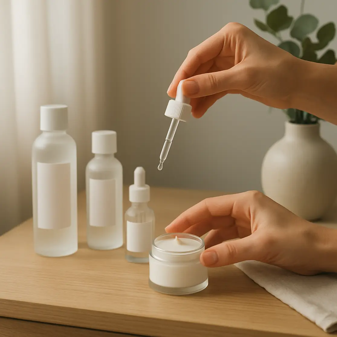Criado-mudo com produtos de skincare noturno e mãos alcançando creme, ambiente aconchegante