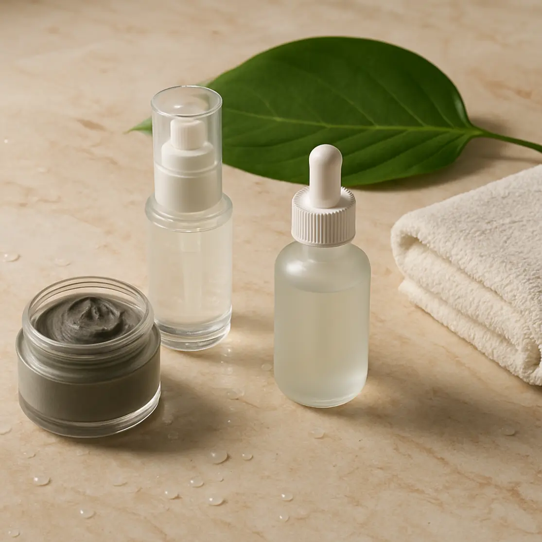 Bancada de mármore com produtos sem rótulos organizados para rotina de pele mista, toalha e folha verde