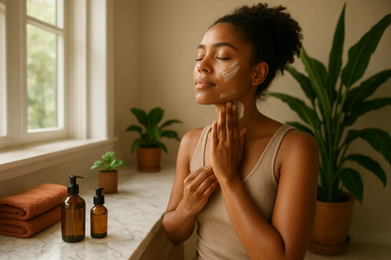 Cena ampla de rotina de skincare com mulher aplicando protetor, bancada com produtos e planta