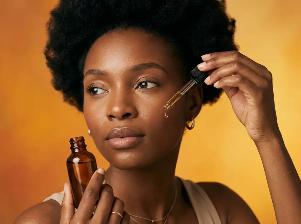 Mulher negra em 3/4 segurando sérum, pele iluminada