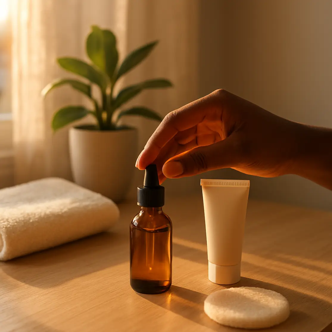 Bancada com produtos de skincare e mãos alcançando frasco