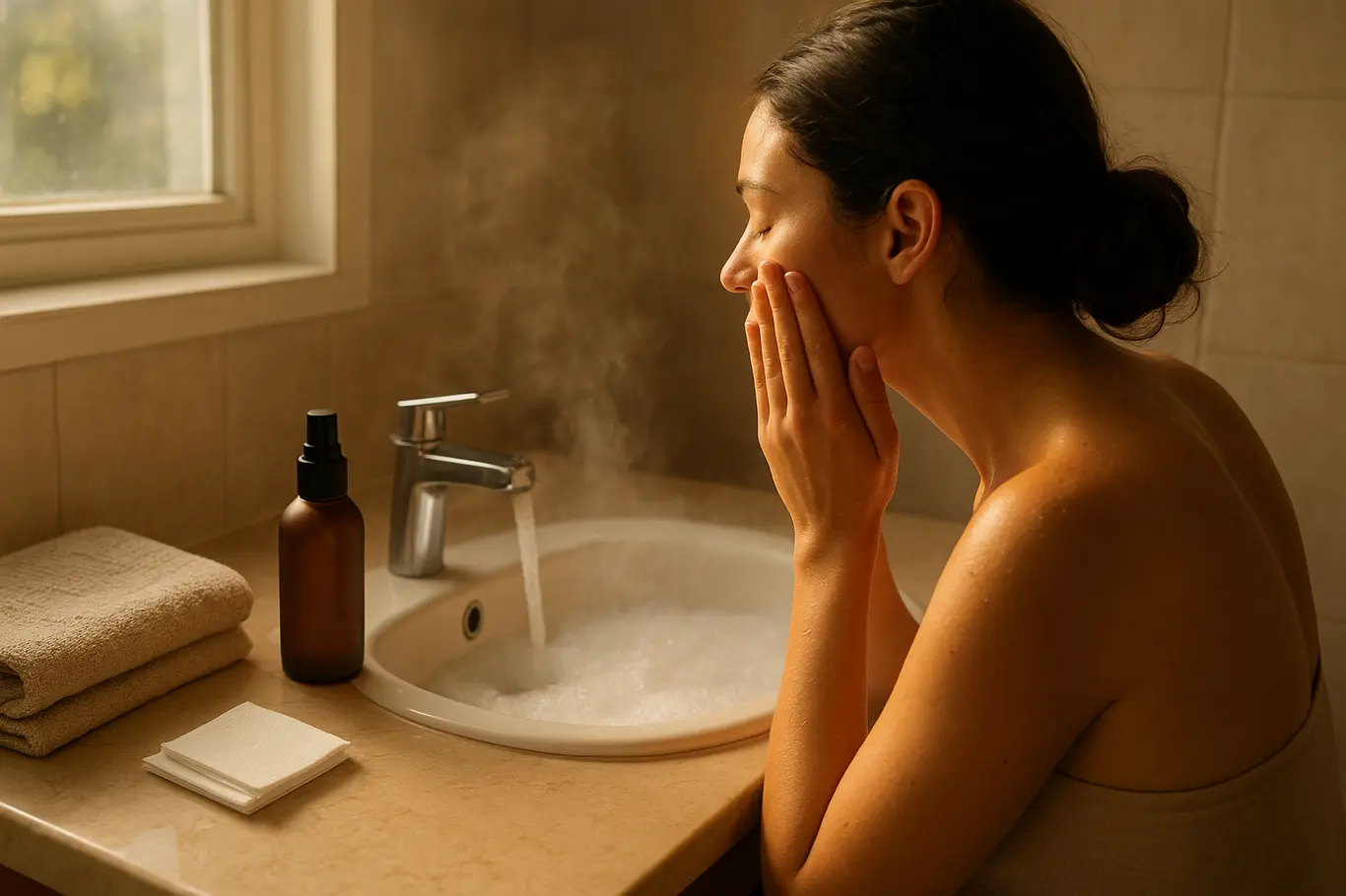 Cena ampla da rotina matinal com cleanser espumoso, tônico e papel absorvente, modelo de perfil.