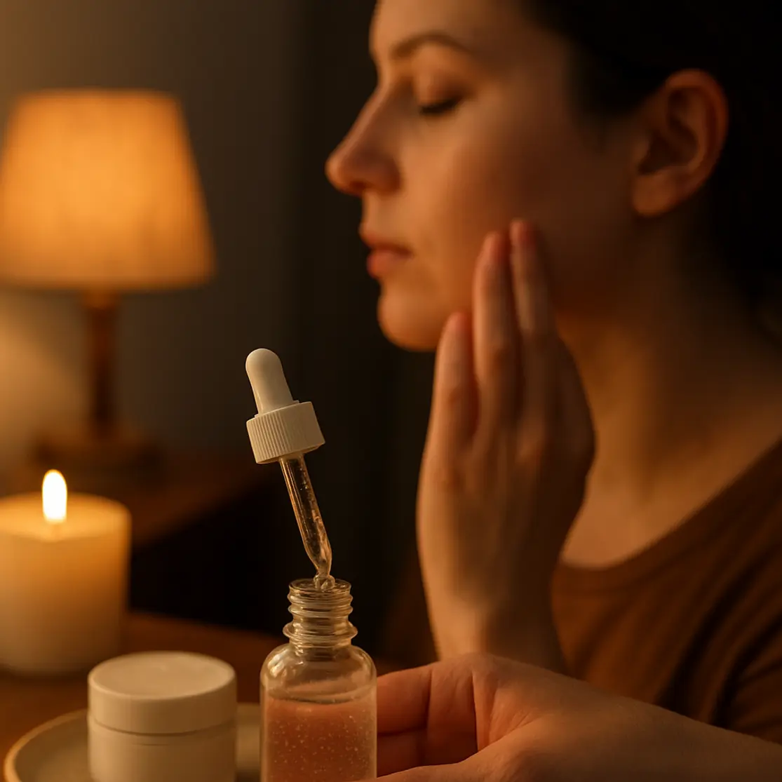 Cena noturna com pessoa em perfil 3/4 aplicando sérum, foco no produto