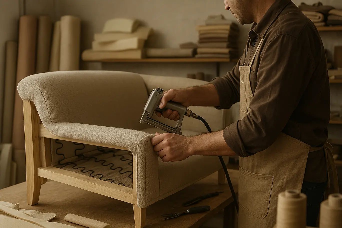 Ateliê com sofá de 3 lugares em reforma, artesão em perfil e ferramentas