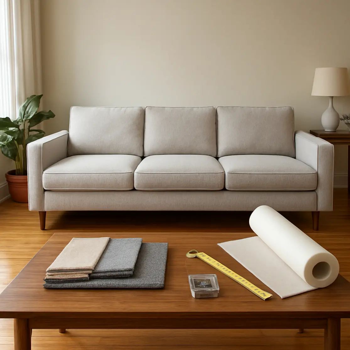 Sala com sofá de 3 lugares reformado e amostras de tecido e materiais na mesa