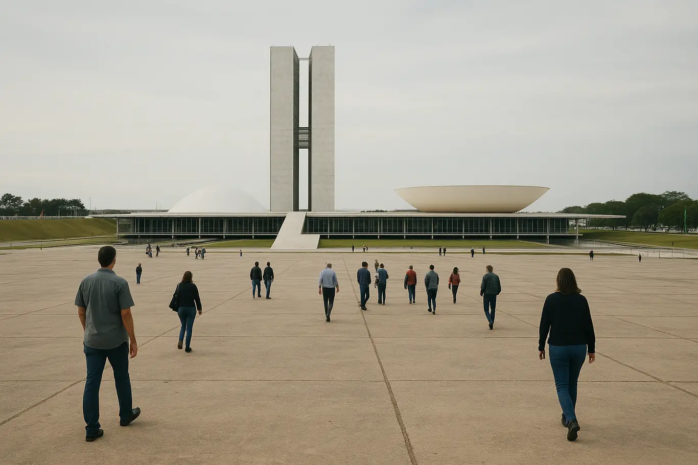 Vista ampla do Congresso Nacional em Brasília com pessoas não identificáveis circulando na esplanada