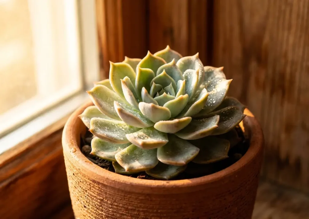 Suculenta Echeveria em vaso de terracota com gotas de água e luz dourada lateral