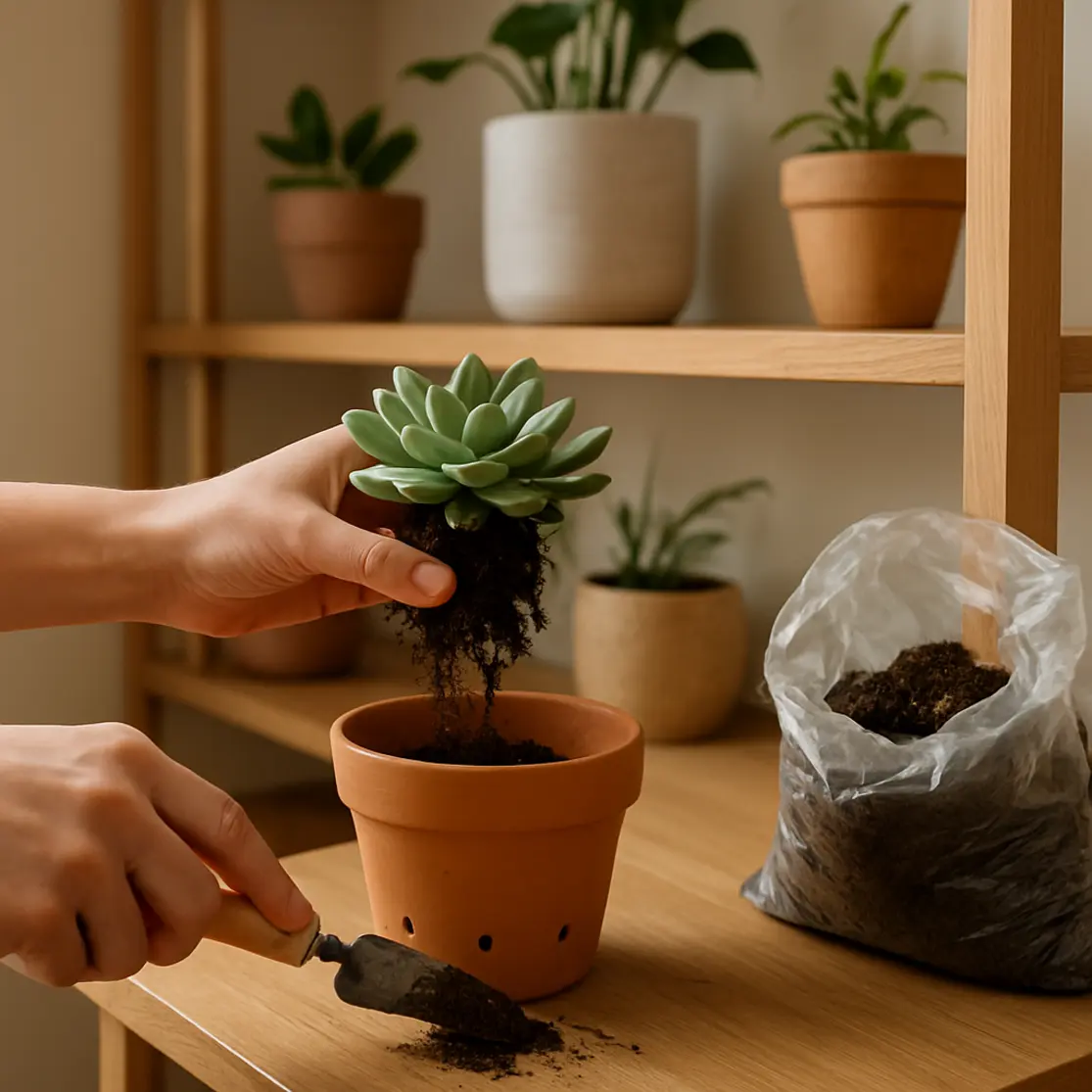 Mão em perfil replantando suculenta em vaso com ferramenta e substrato