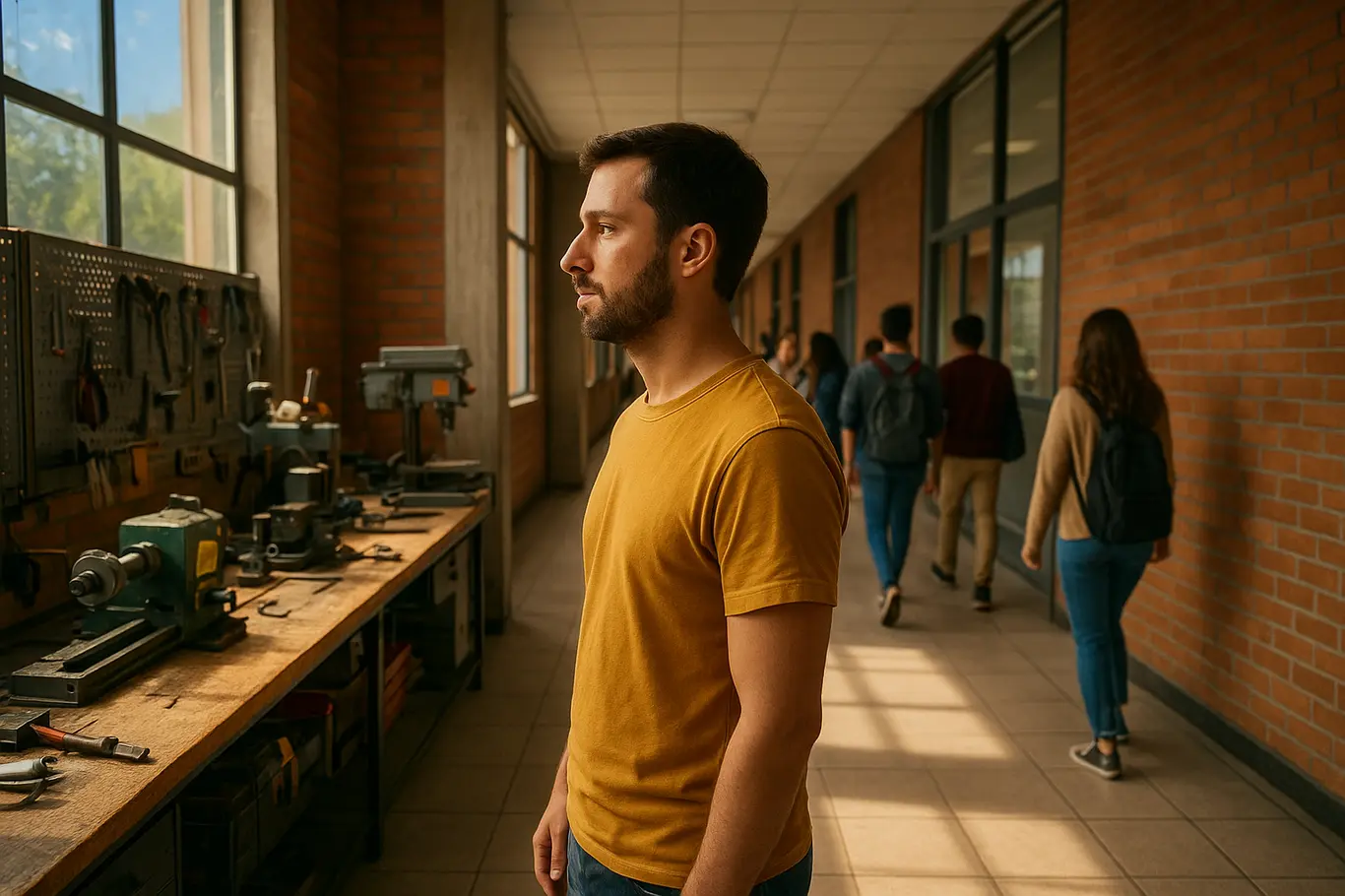 Protagonista em perfil entre bancada técnica e corredor universitário, mostrando contraste entre ambientes