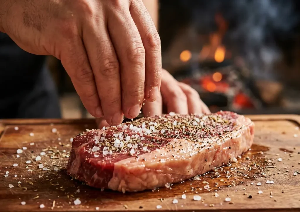 Temperar carne para churrasco: quando salgar e quando marinar Picanha sendo temperada com sal grosso e especiarias sobre tábua rústica, brasa ao fundo