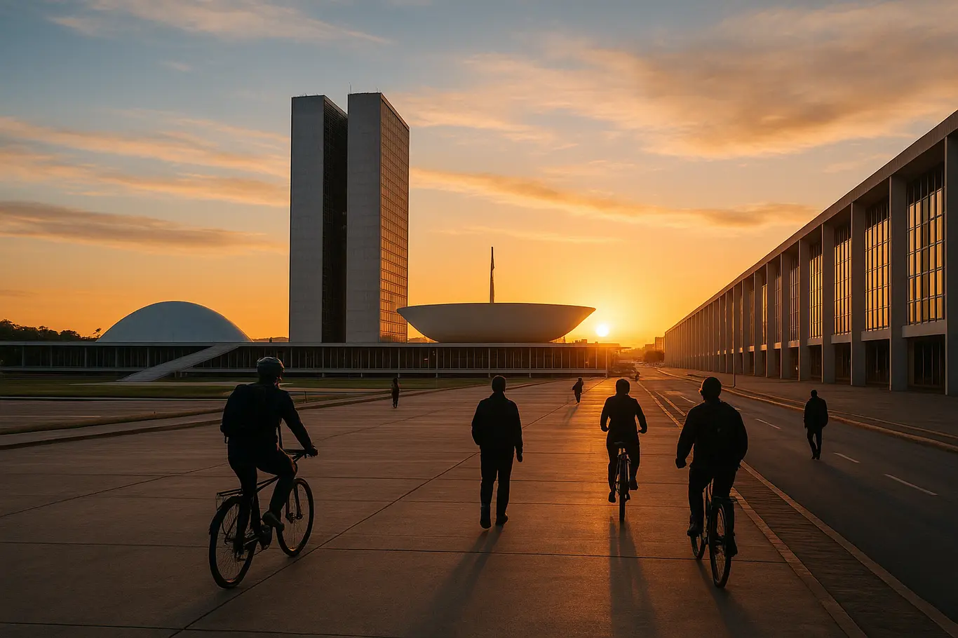 Eixo Monumental com ciclistas e o Congresso Nacional ao amanhecer