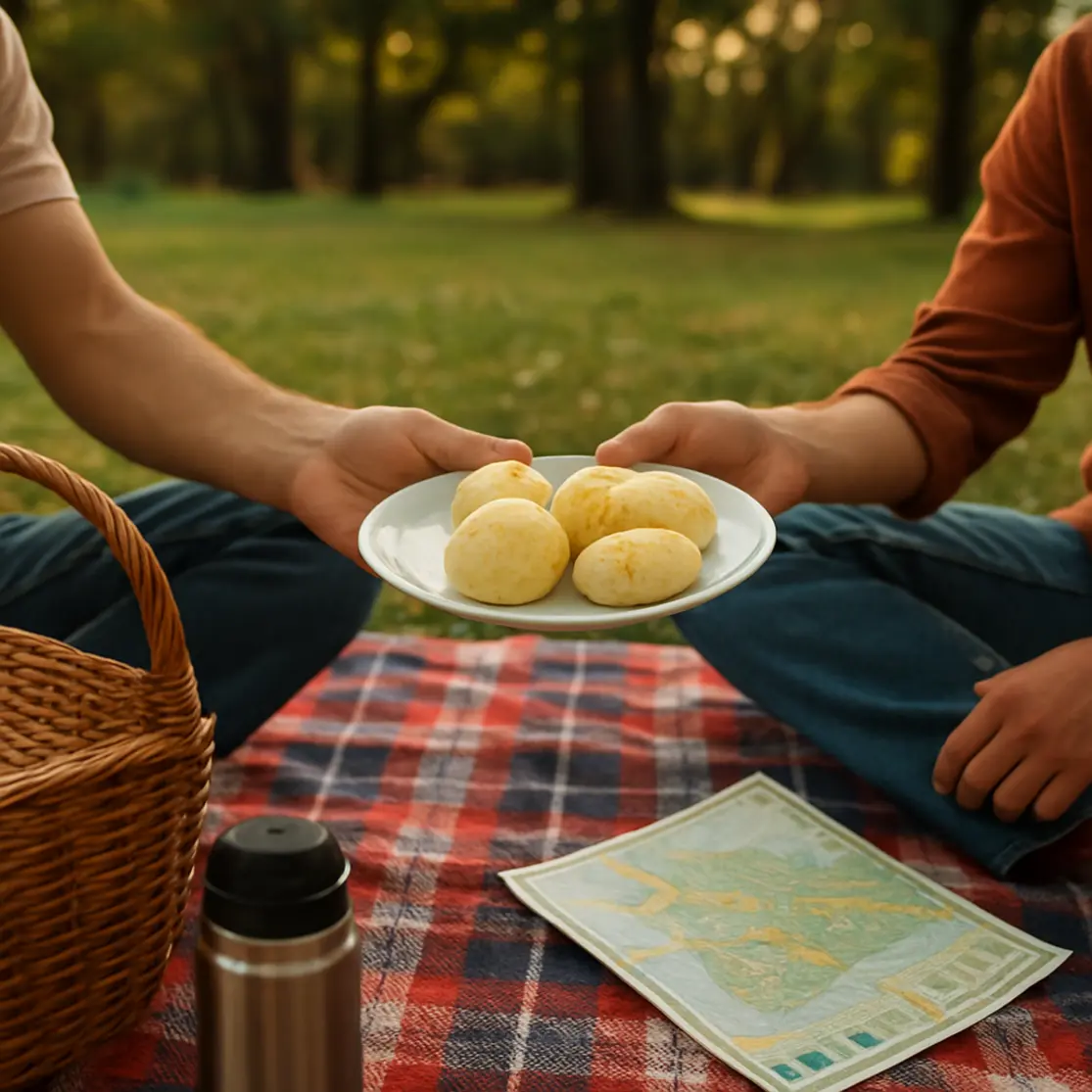 Mãos compartilhando pão de queijo e tapioca em piquenique no Parque da Cidade