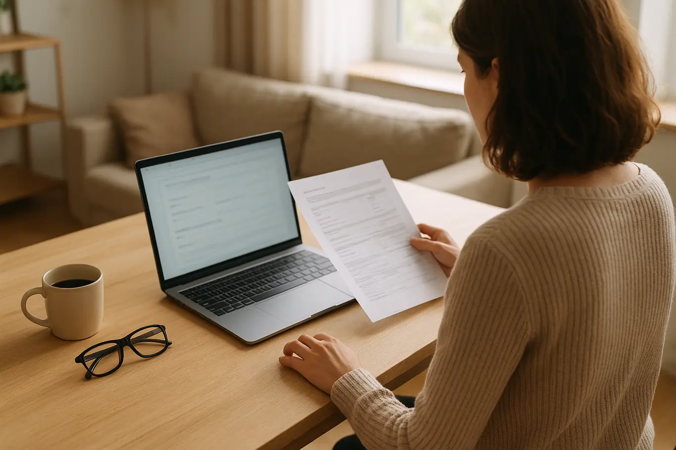 Mesa de trabalho com laptop e pessoa de costas preenchendo formulário online, documento borrado ao lado