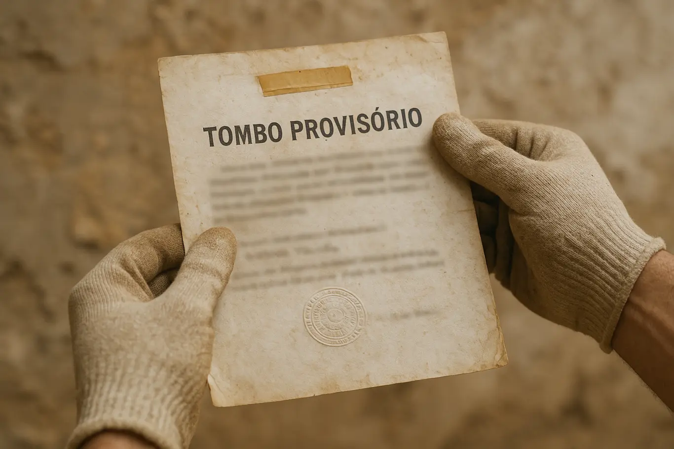 Detalhe de documento de tombamento nas mãos de conservador, com selo desfocado