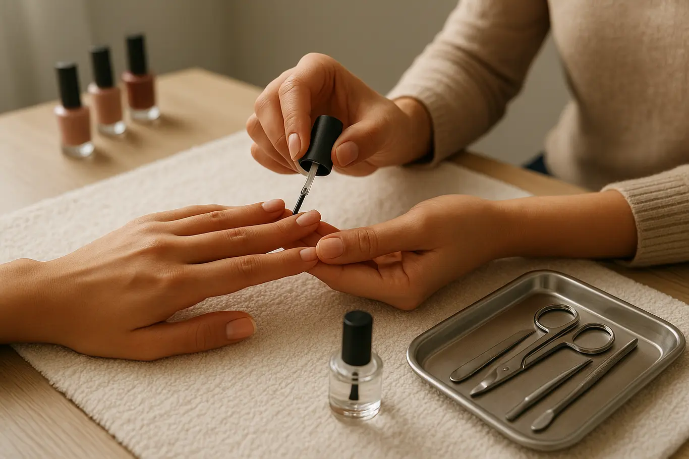 Ambiente de manicure com mãos aplicando top coat e frasco sobre mesa com ferramentas