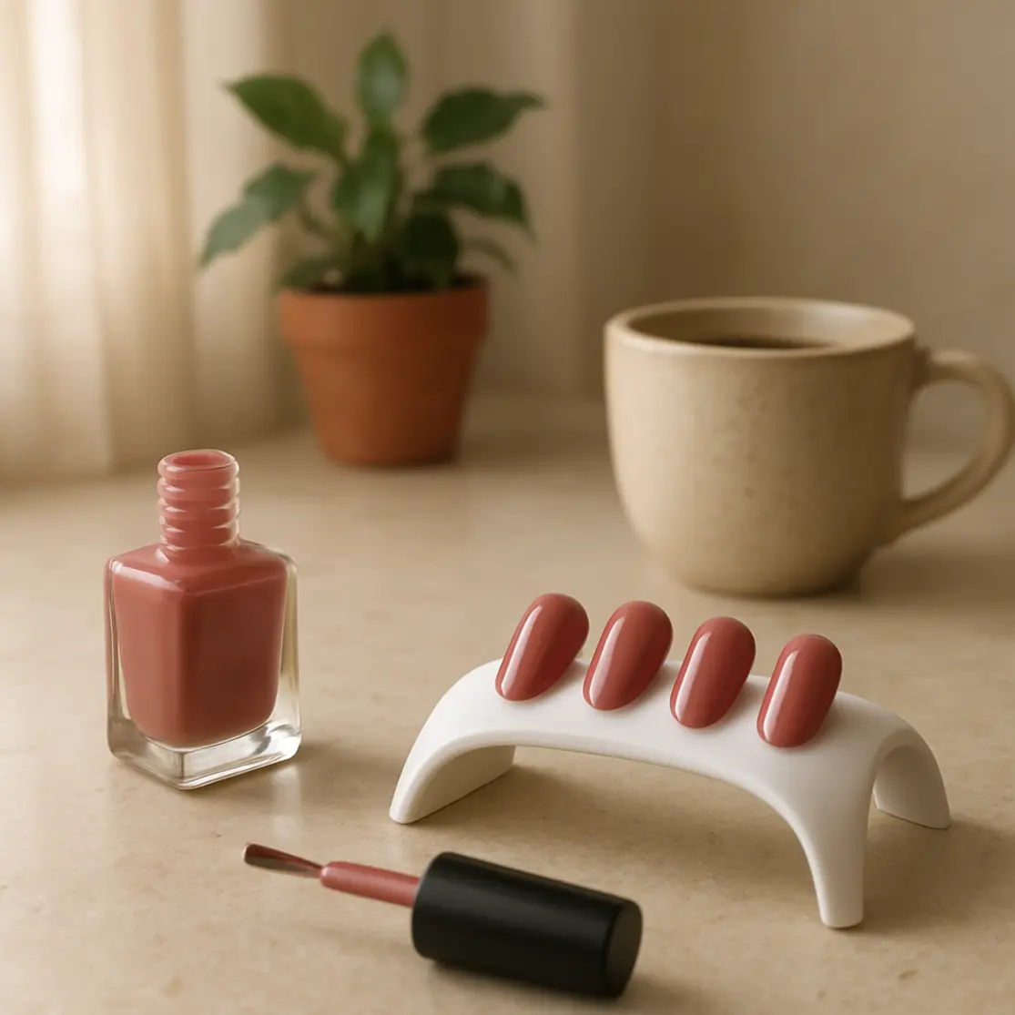 Bancada com frasco de top coat aberto, unhas apoiadas para secar e elementos de salão ao redor