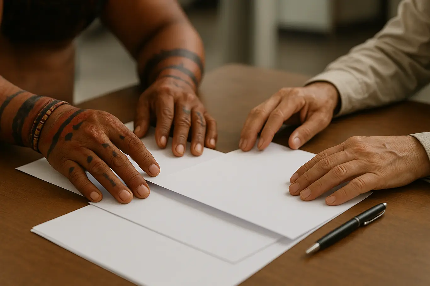 Close-up de mãos indígenas e tradutoras manuseando pastas e documentos em branco sobre uma mesa.