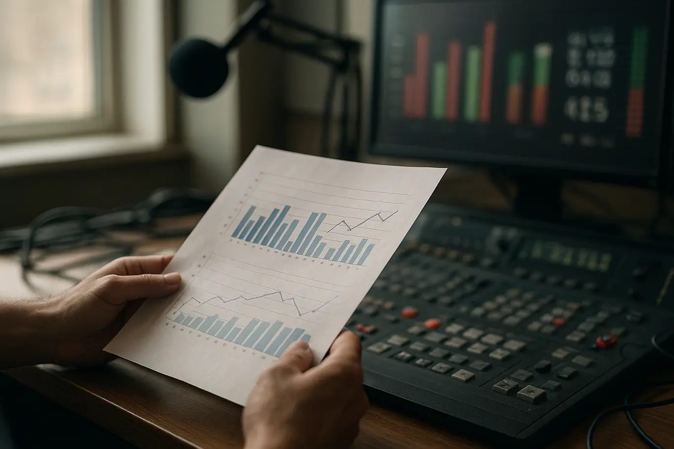 Close-up de mãos segurando folha com gráficos de audiência desfocados