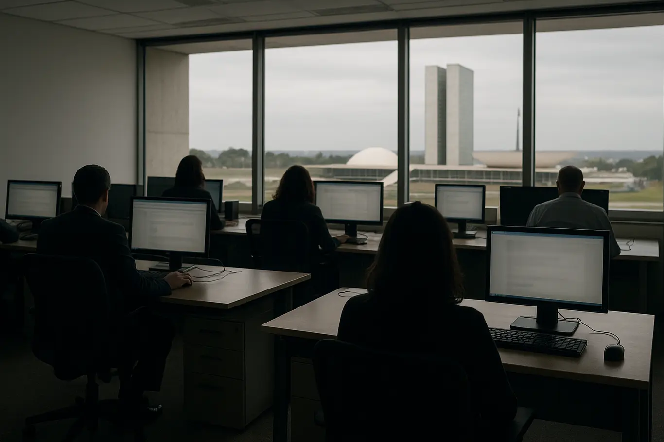 Sala de computadores em escritório público com Congresso Nacional ao fundo desfocado