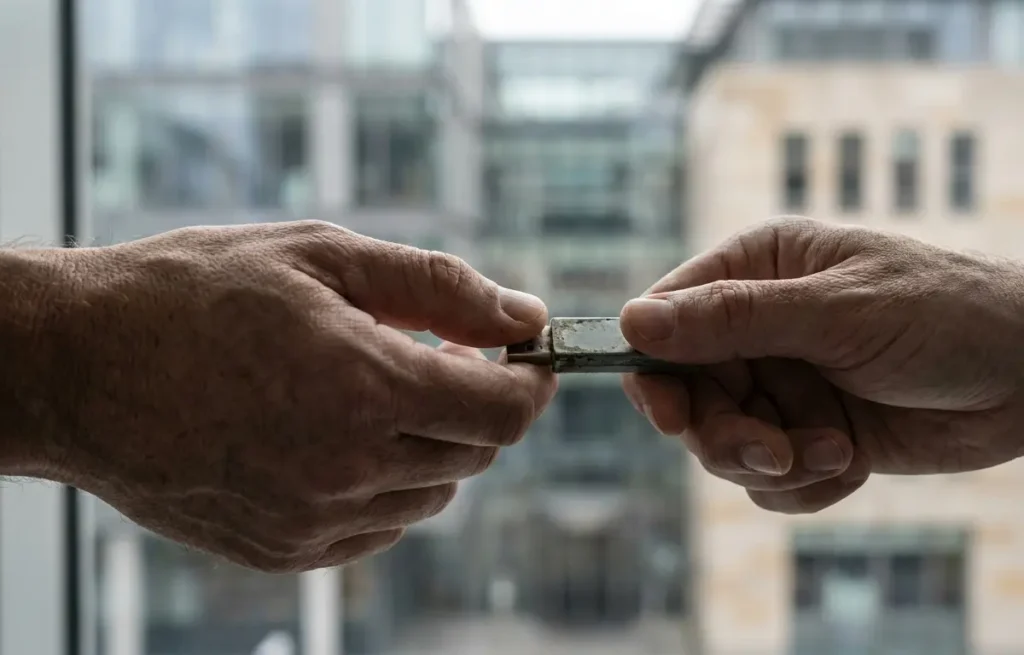 Duas mãos trocando um pendrive com prédio institucional desfocado ao fundo