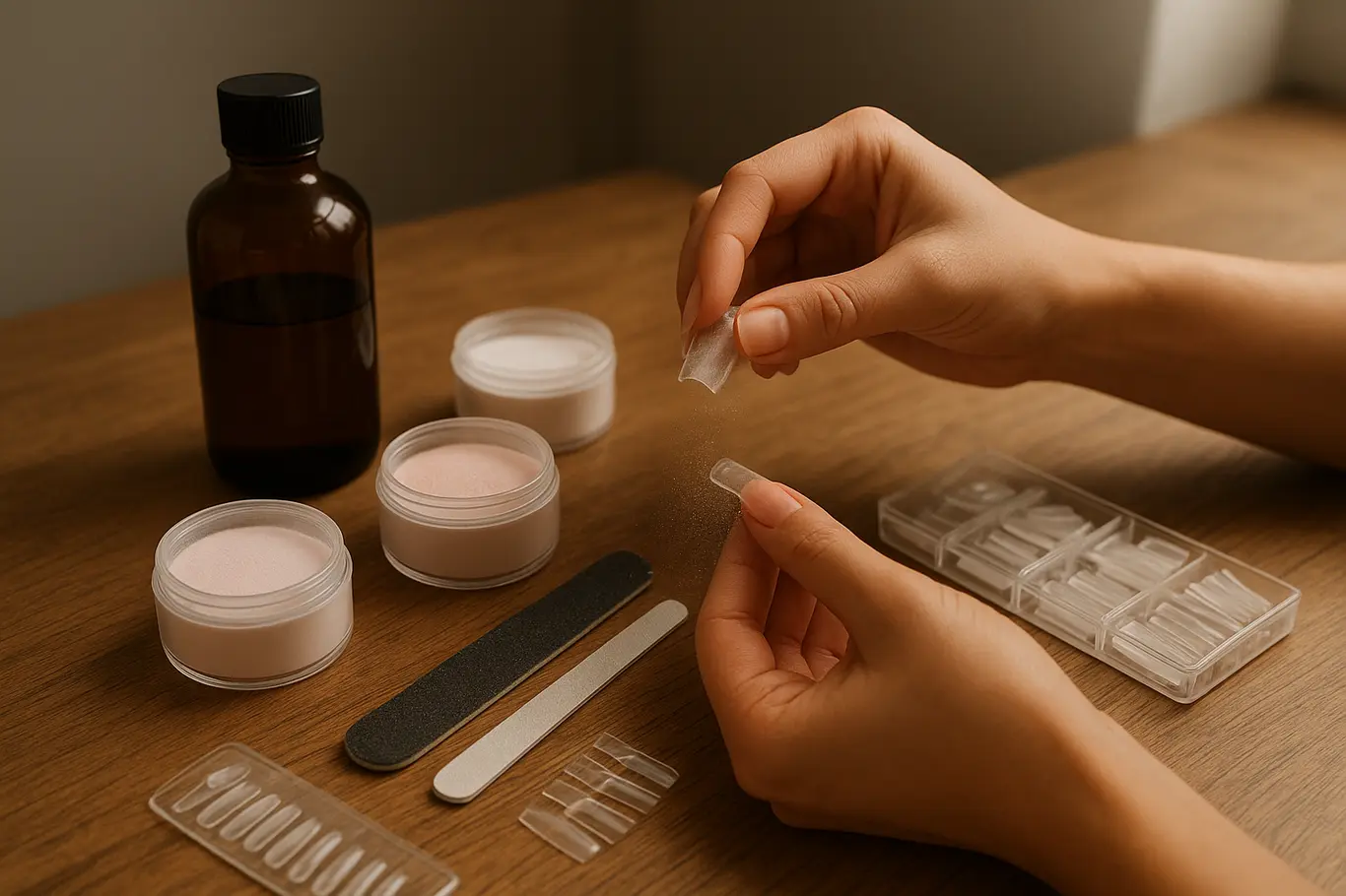 Bancada caseira com kit de unhas acrílicas e mãos aplicando pó acrílico, vista mais ampla