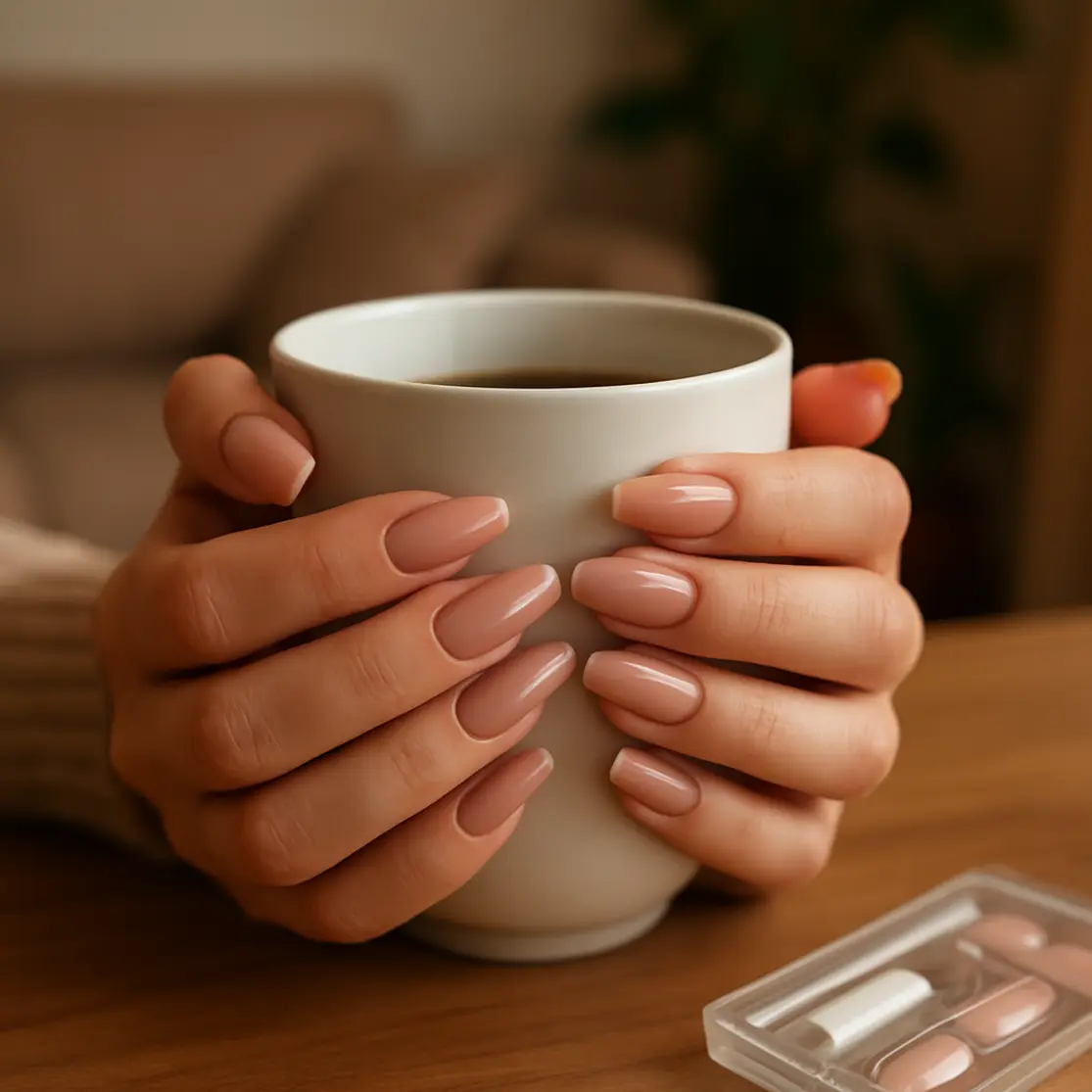 Mãos segurando xícara de café mostrando unhas acrílicas finalizadas, ambiente de sala ao fundo
