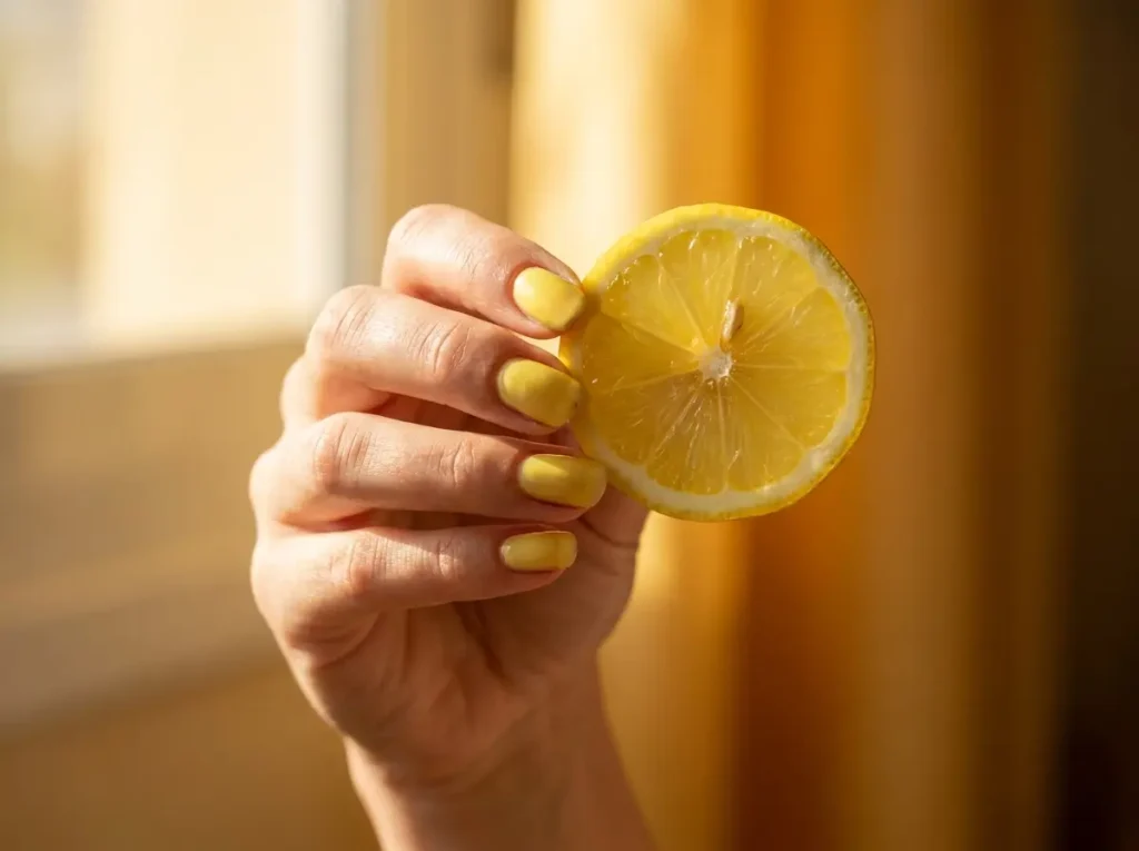Unhas amareladas: como clarear rápido e sem danificar em casa Mãos em 3/4 mostrando unhas amareladas segurando fatia de limão