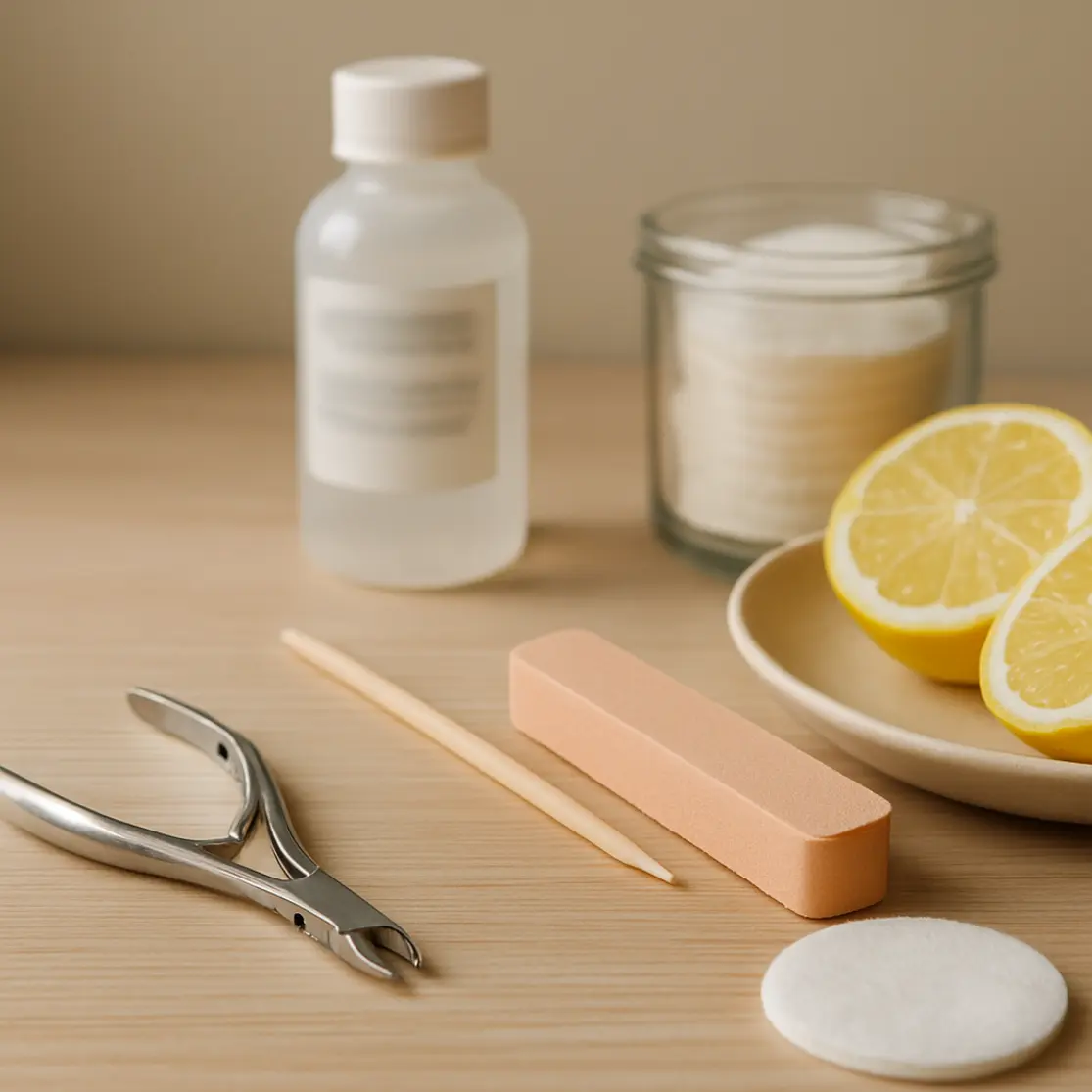 Bancada com kit caseiro para clareamento de unhas — polidor, água oxigenada, limão