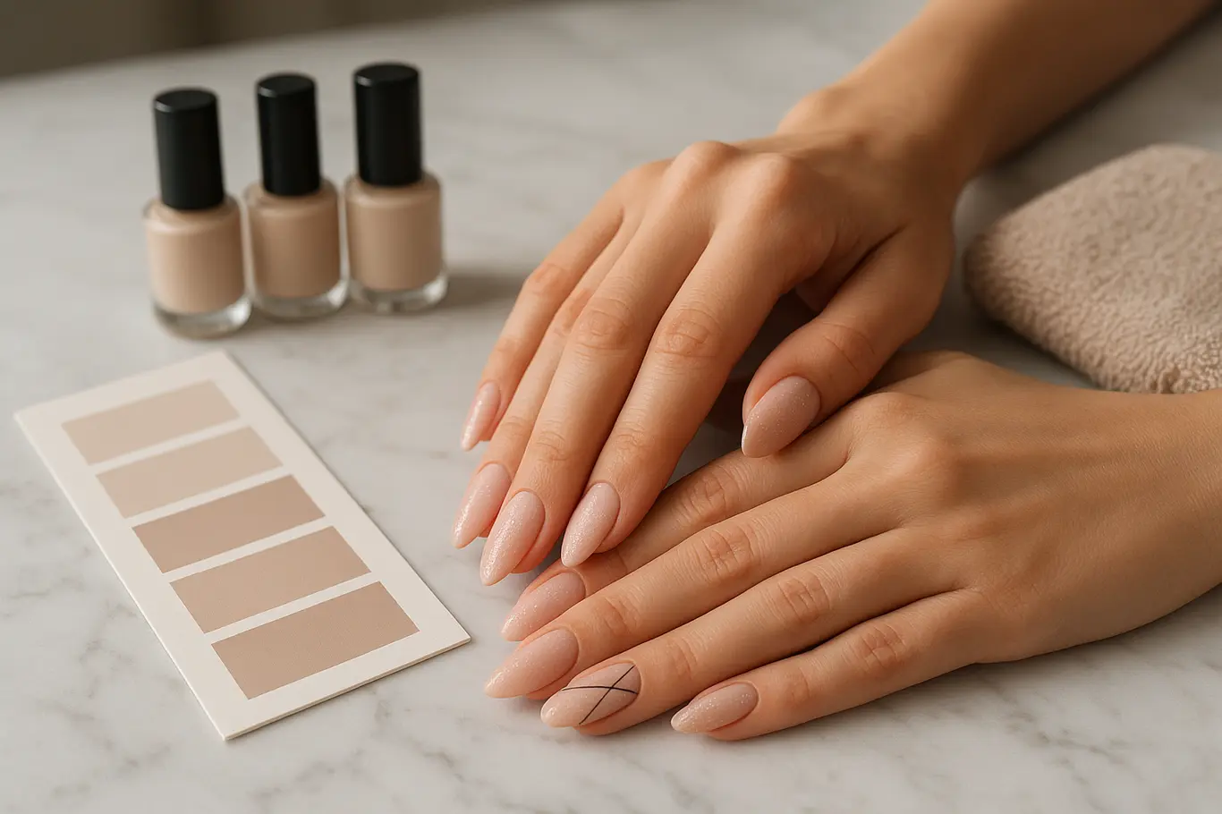 Bancada de manicure com mãos exibindo unhas amendoadas decoradas e esmaltes