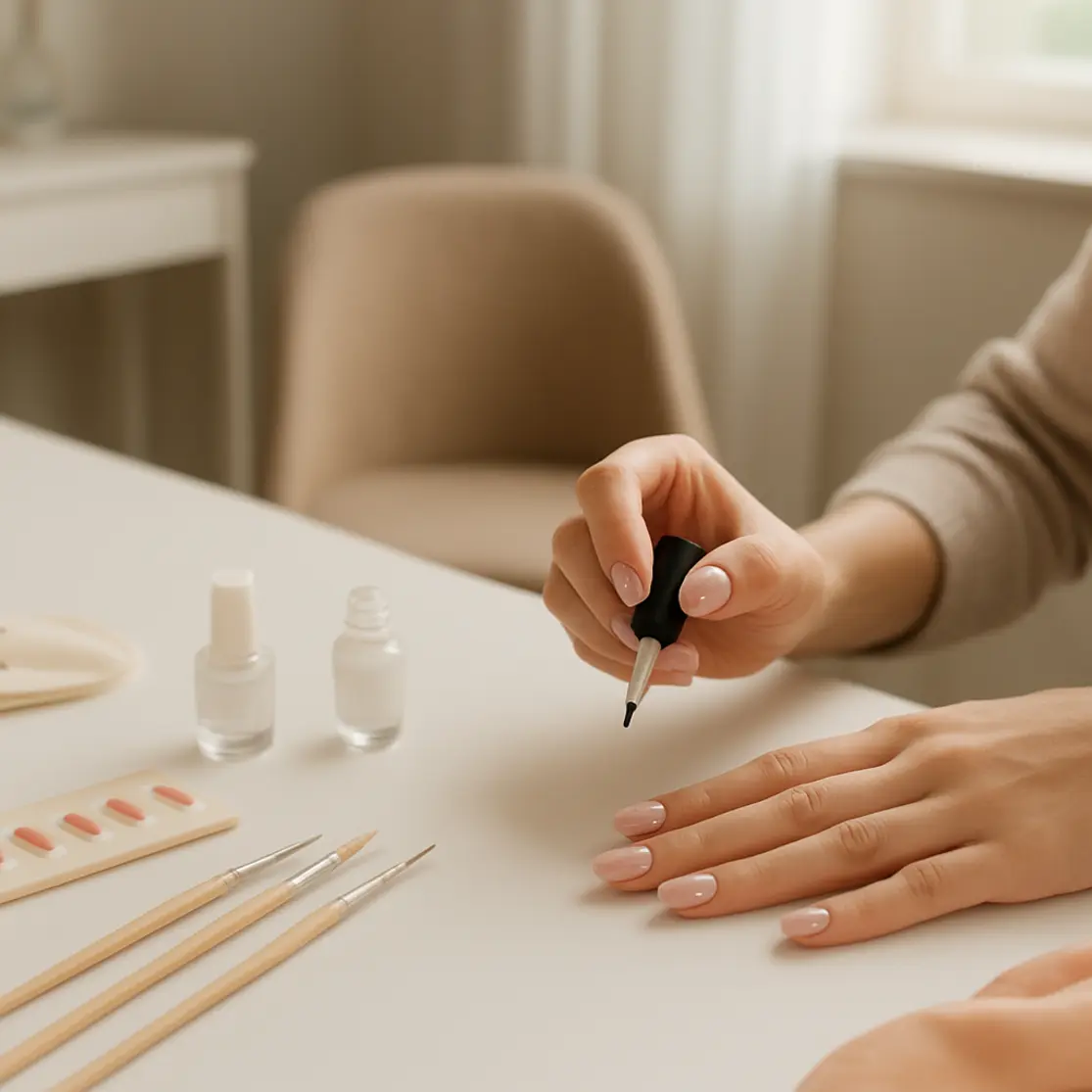 Estúdio de manicure com mesa organizada e mãos finalizando unhas amendoadas decoradas