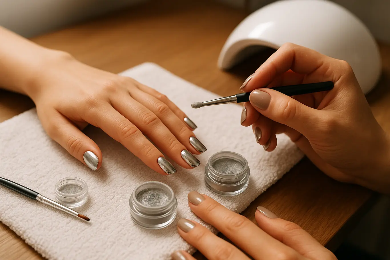 Mesa de manicure com técnico aplicando pó cromado nas unhas, ferramentas e frascos sobre toalha