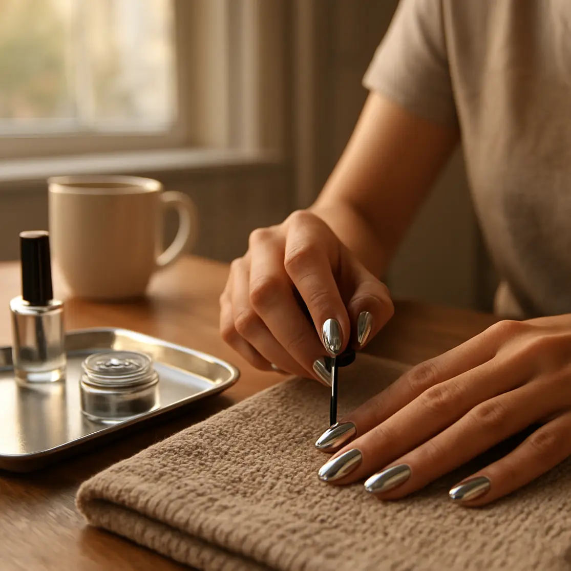 Estação de manicure caseira com materiais para unhas cromadas, mãos finalizando esmalte junto à janela