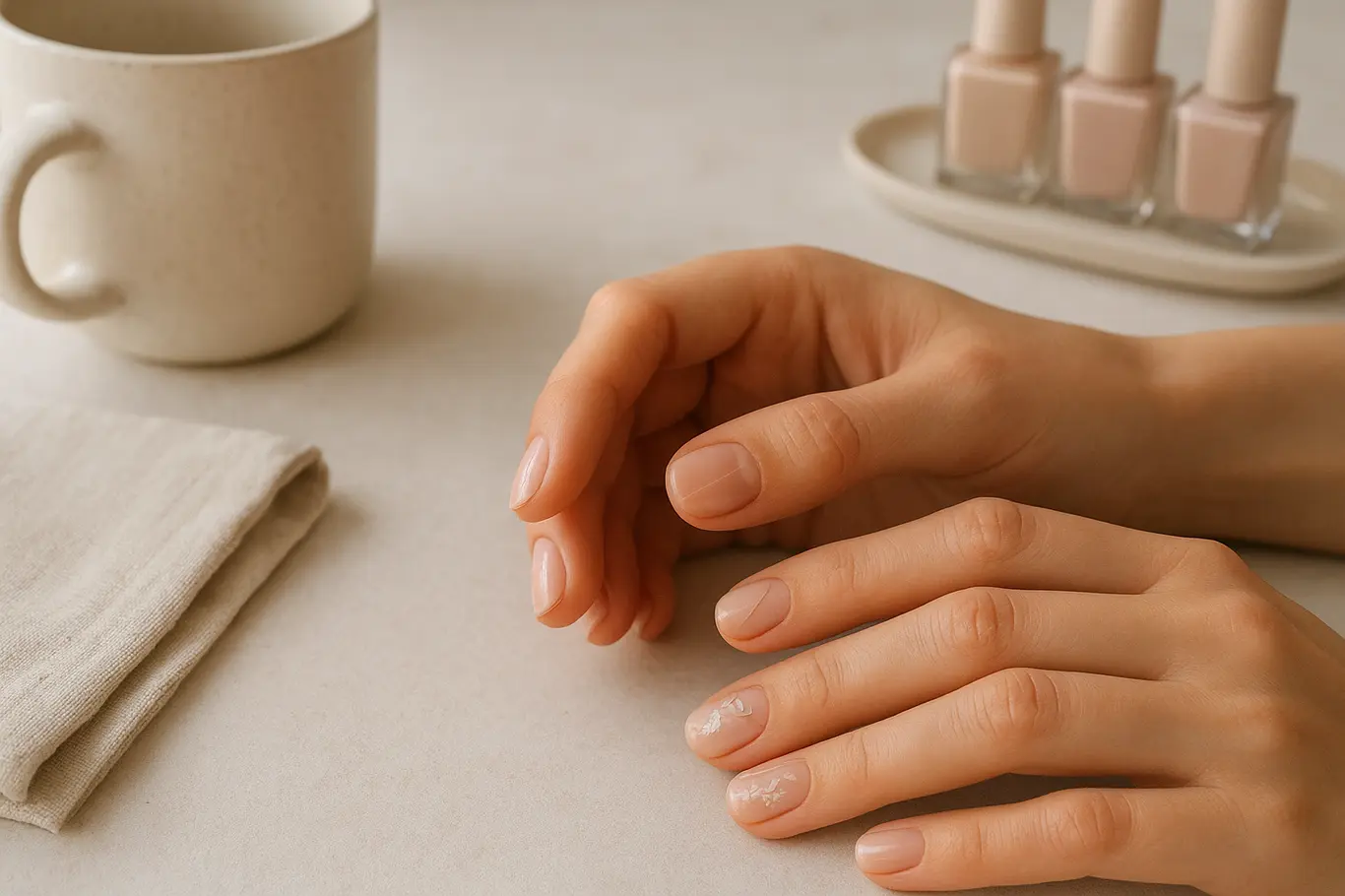 Bancada de manicure com mãos de unhas curtas decoradas, xícara e lenço, vista superior leve