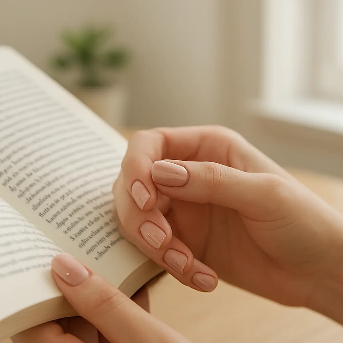 Mãos com unhas curtas decoradas segurando um livro em ambiente minimalista e iluminado