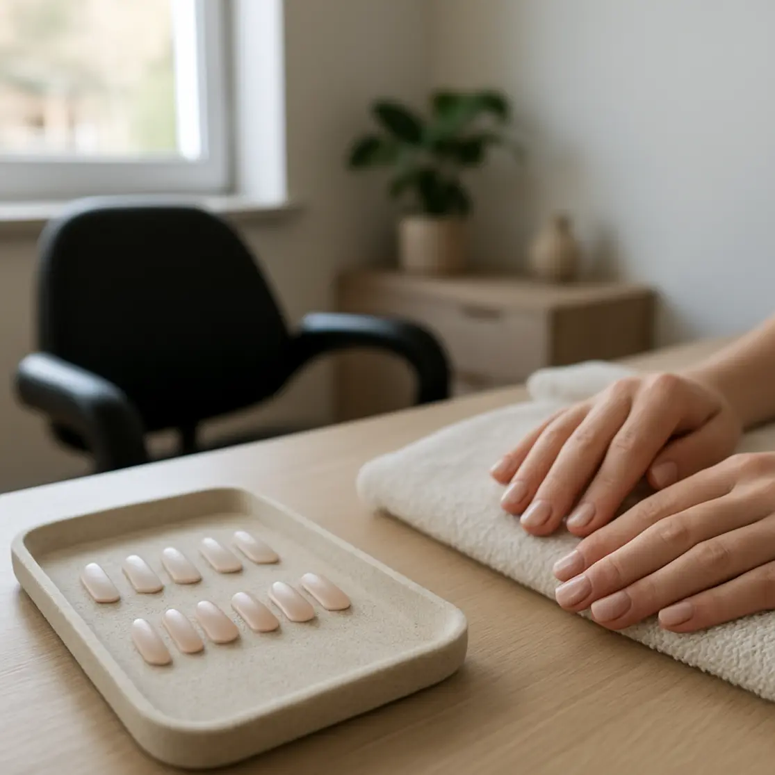 Bancada de salão com bandeja de unhas de fibra de vidro finalizadas, ambiente claro
