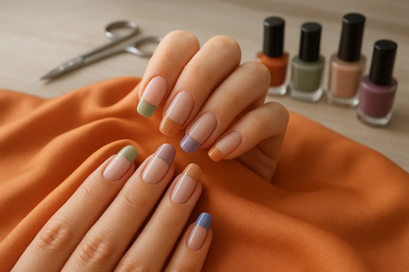 Duas mãos sobre seda mostrando variações da francesinha reinventada com ferramentas de manicure desfocadas ao fundo