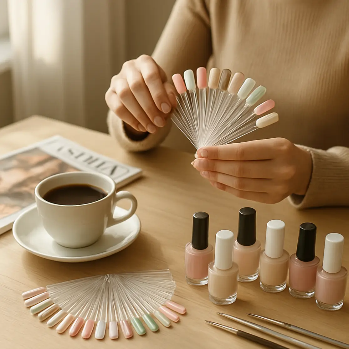 Bancada de manicure com leque de amostras mostrando várias francesinhas modernas, frascos e ferramentas