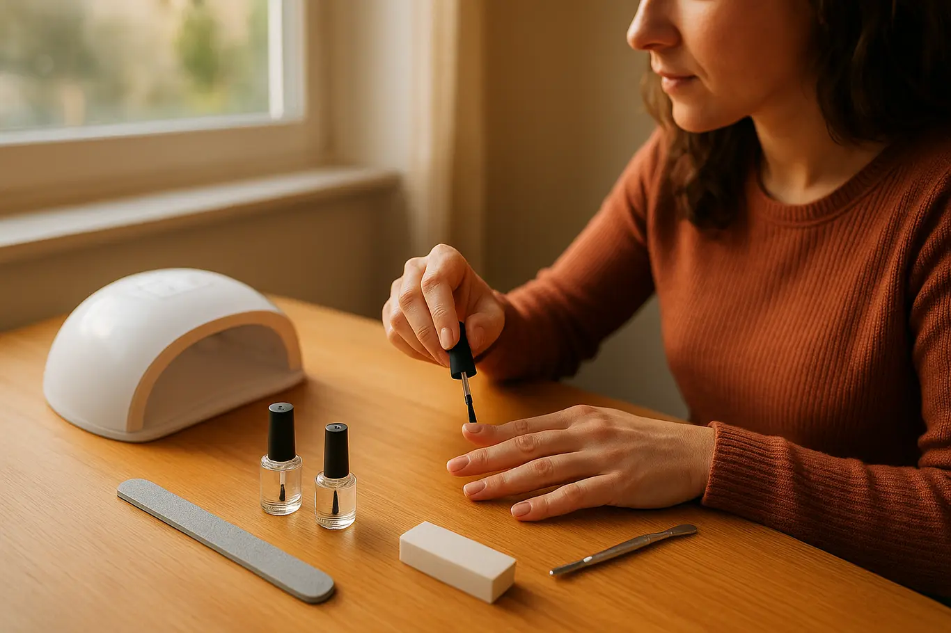 Estação de manicure caseira com mãos aplicando gel, kit básico disposto sobre bancada e janela ao fundo