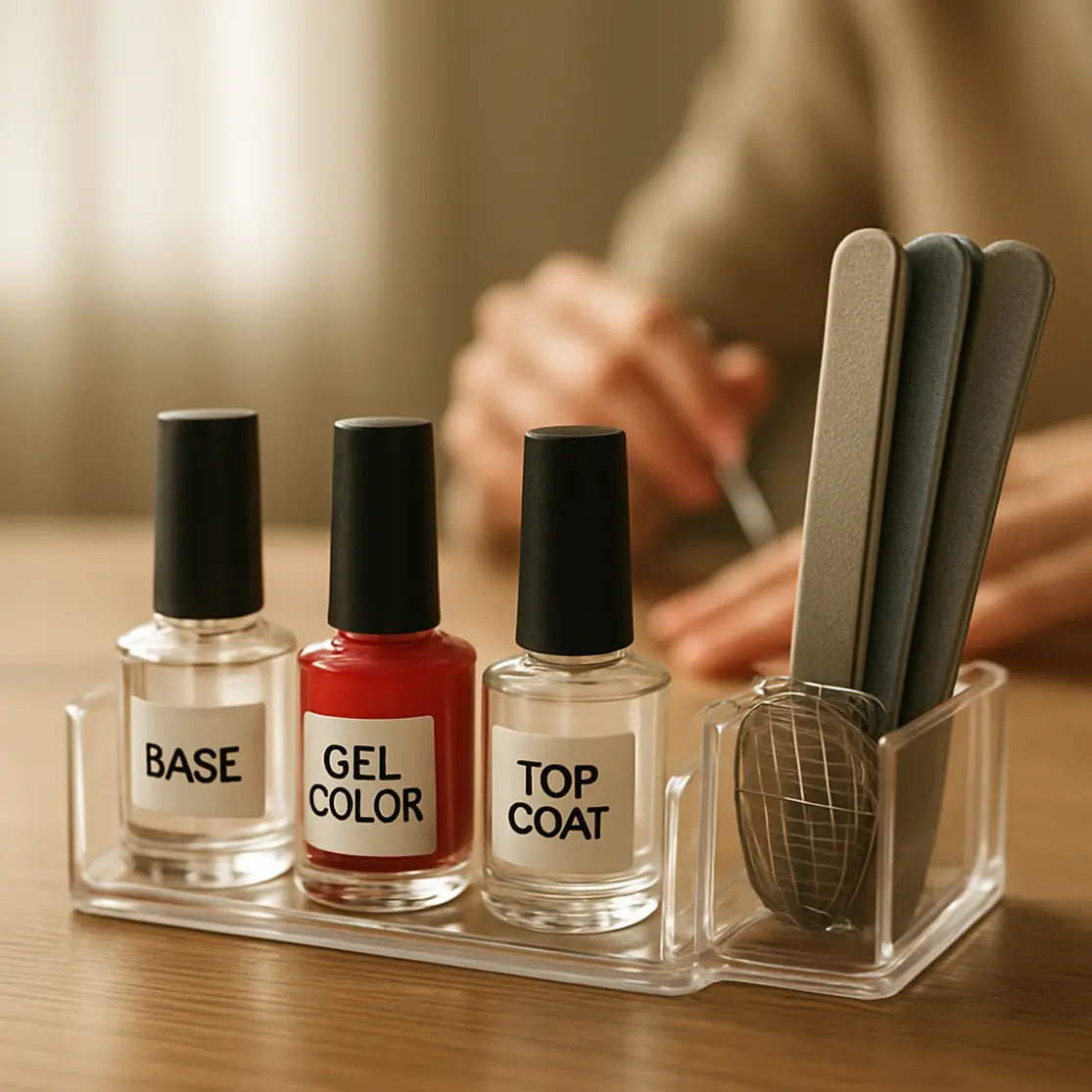 Kit básico para unhas gel organizado em mesa com frascos e acessórios, mãos desfocadas ao fundo