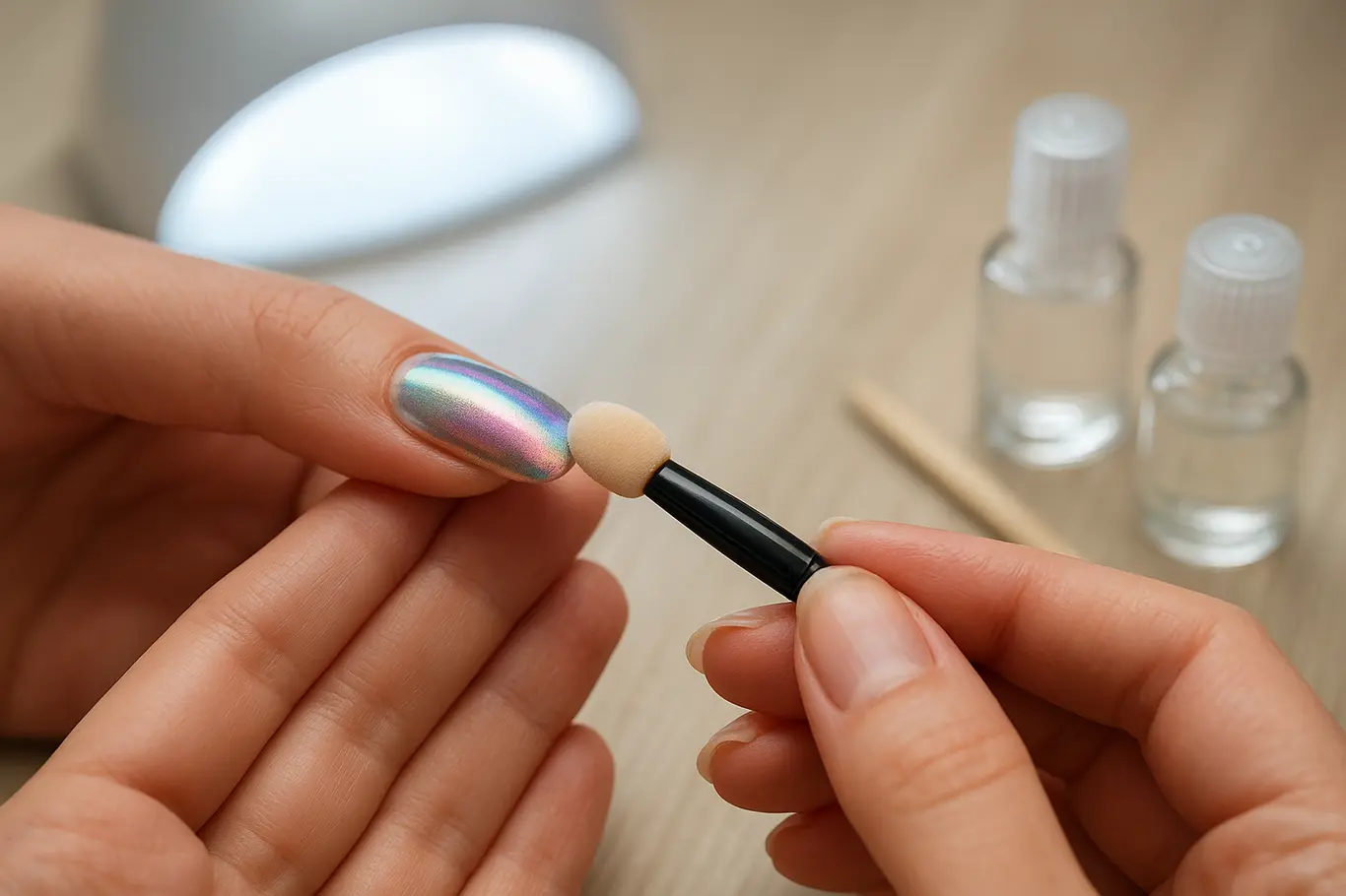 Manicure aplicando pó holográfico sobre unha com aplicador, vista superior lateral