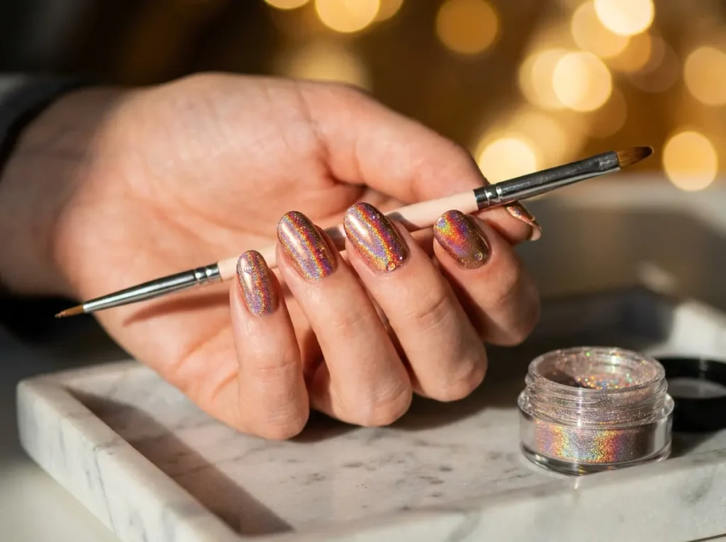Mão feminina com unhas holográficas arco-íris brilhantes, close médio sobre bandeja de mármore