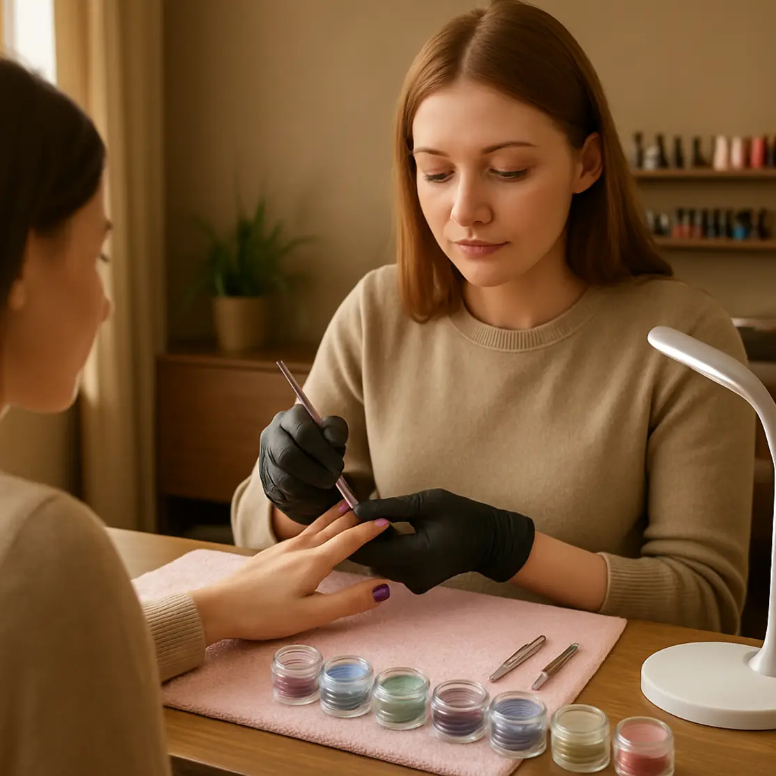 Bancada de manicure com potes de pó holográfico e cliente de perfil 3/4, vista ambiente do salão