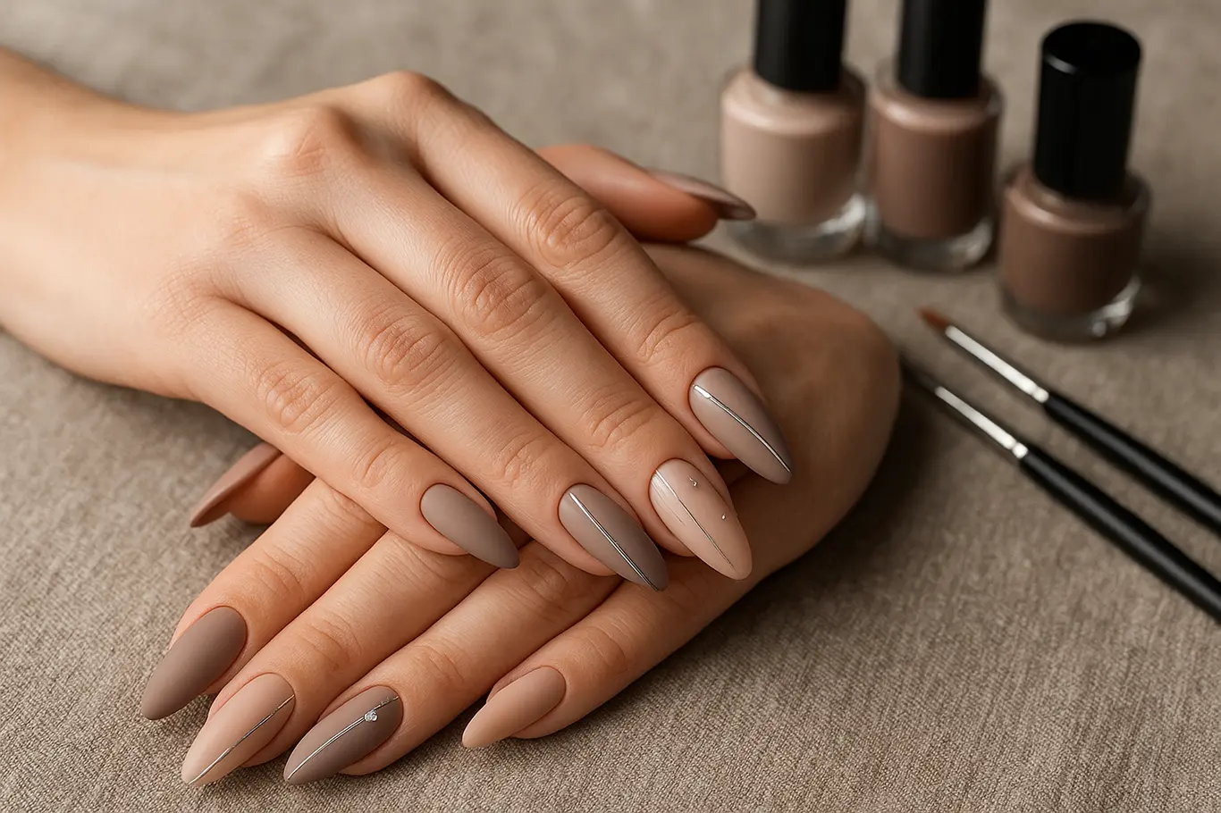 Duas mãos cruzadas exibindo unhas longas decoradas em 3/4