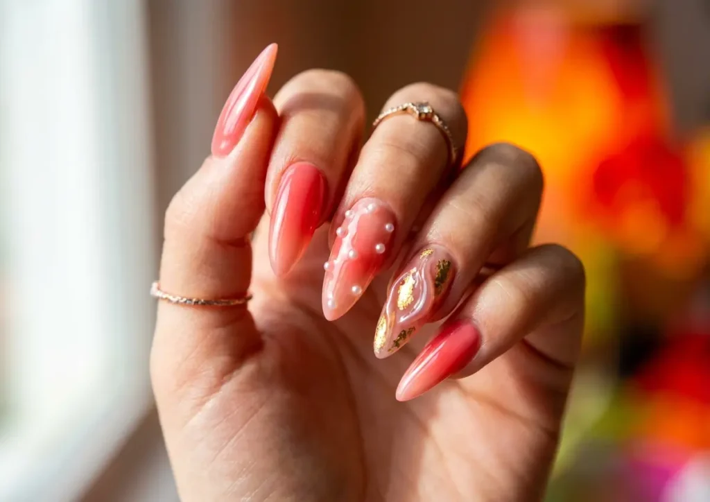 Mão com unhas longas decoradas 2026 stiletto e amêndoa