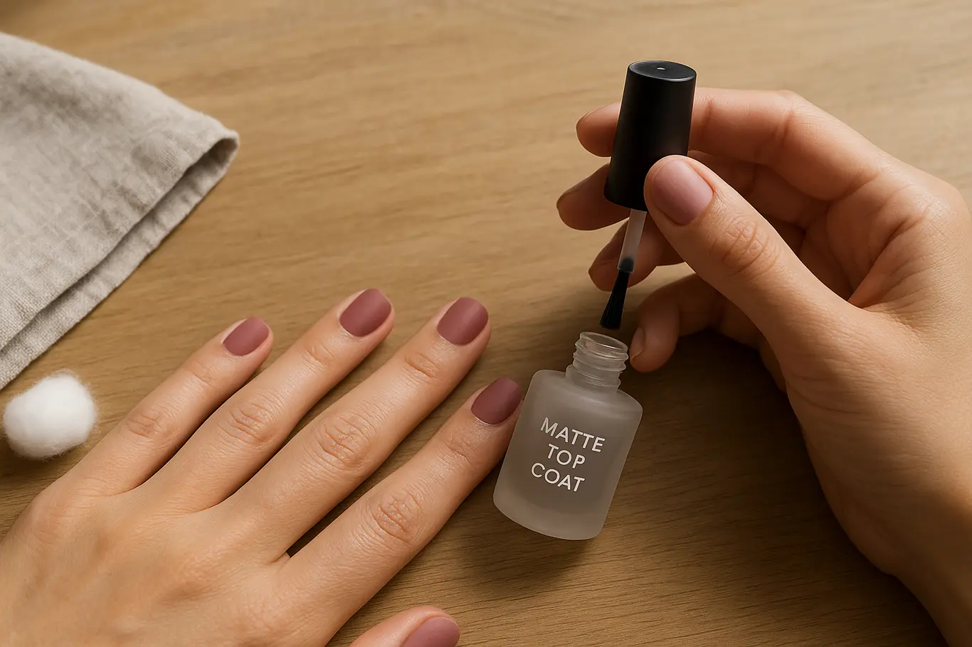 Aplicação de top coat fosco nas unhas em bancada caseira