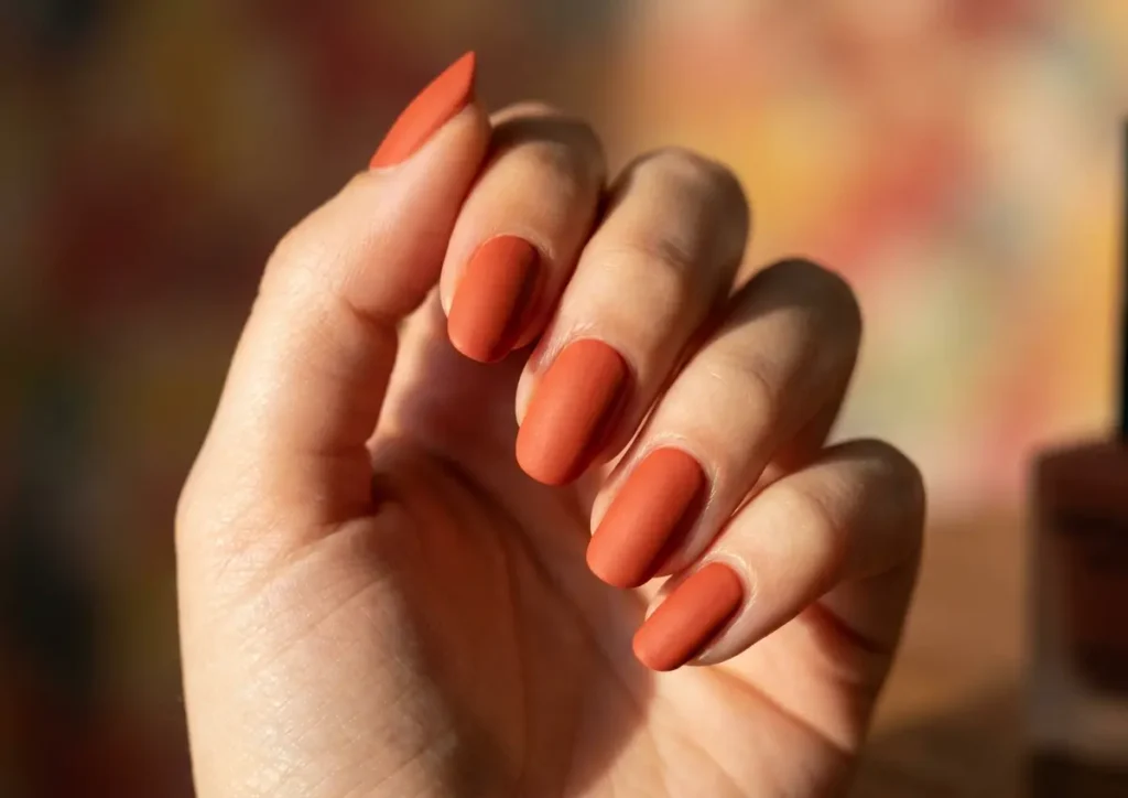 Mão com unhas matte terracota exibida sobre fundo quente