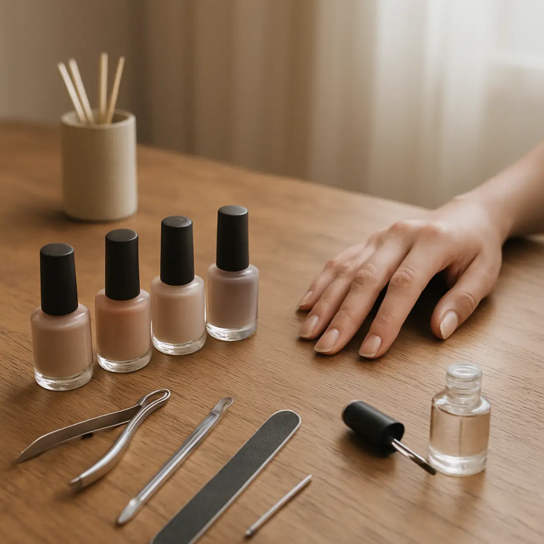 Mesa de manicure com frascos e ferramentas, mão ao fundo com unhas matte
